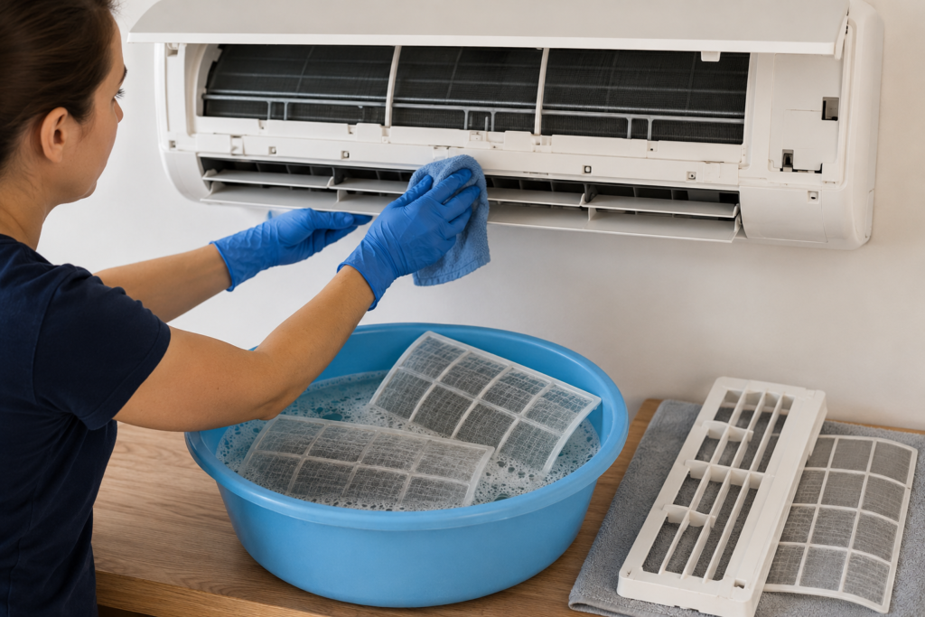 cómo limpiar un aire acondicionado paso a paso. Limpieza de filtros a remojo