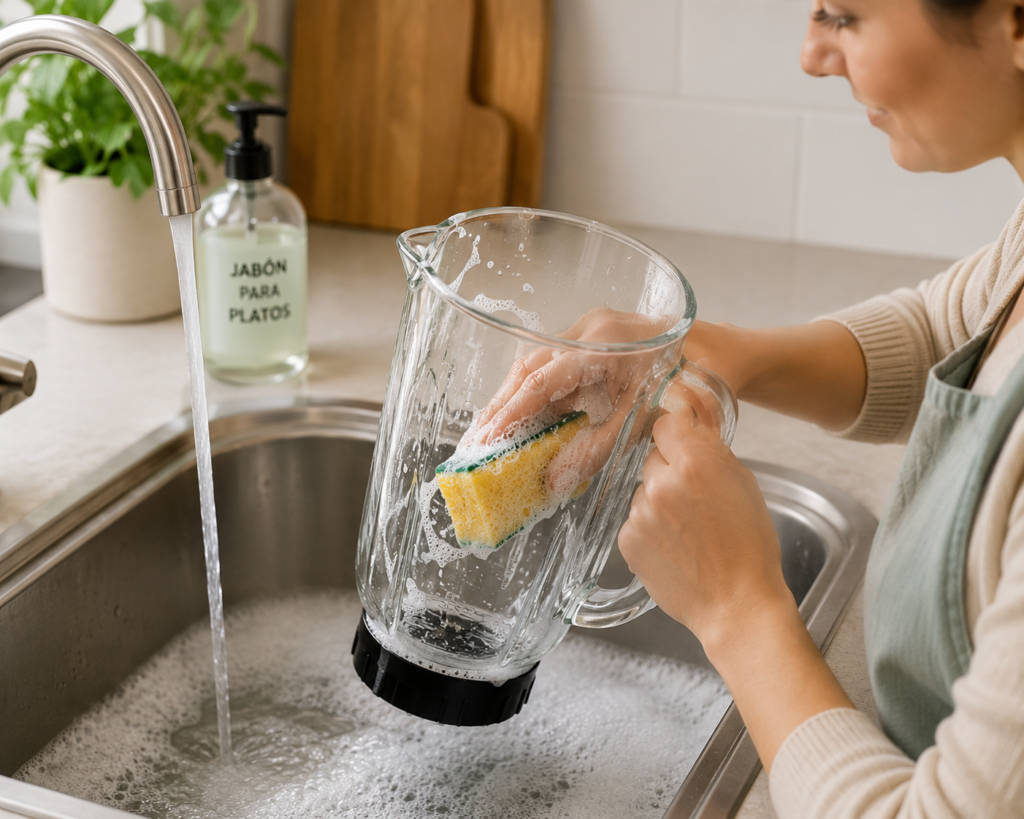 Una persona limpiando el vaso de una batidora con agua tibia y jabón en el fregadero.