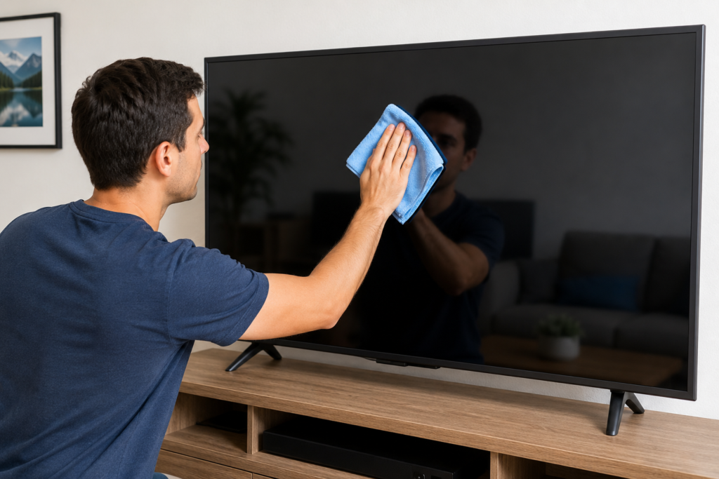 limpieza de una televisión con un paño de microfibra