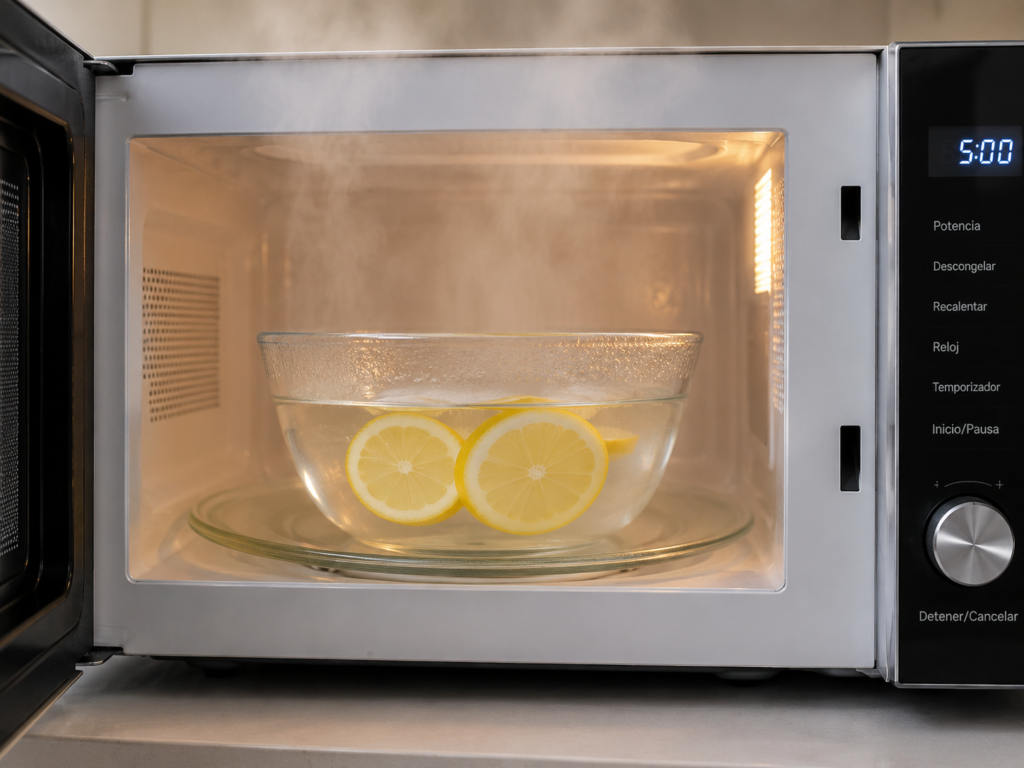 Agua y limón dentro del microondas generando vapor.