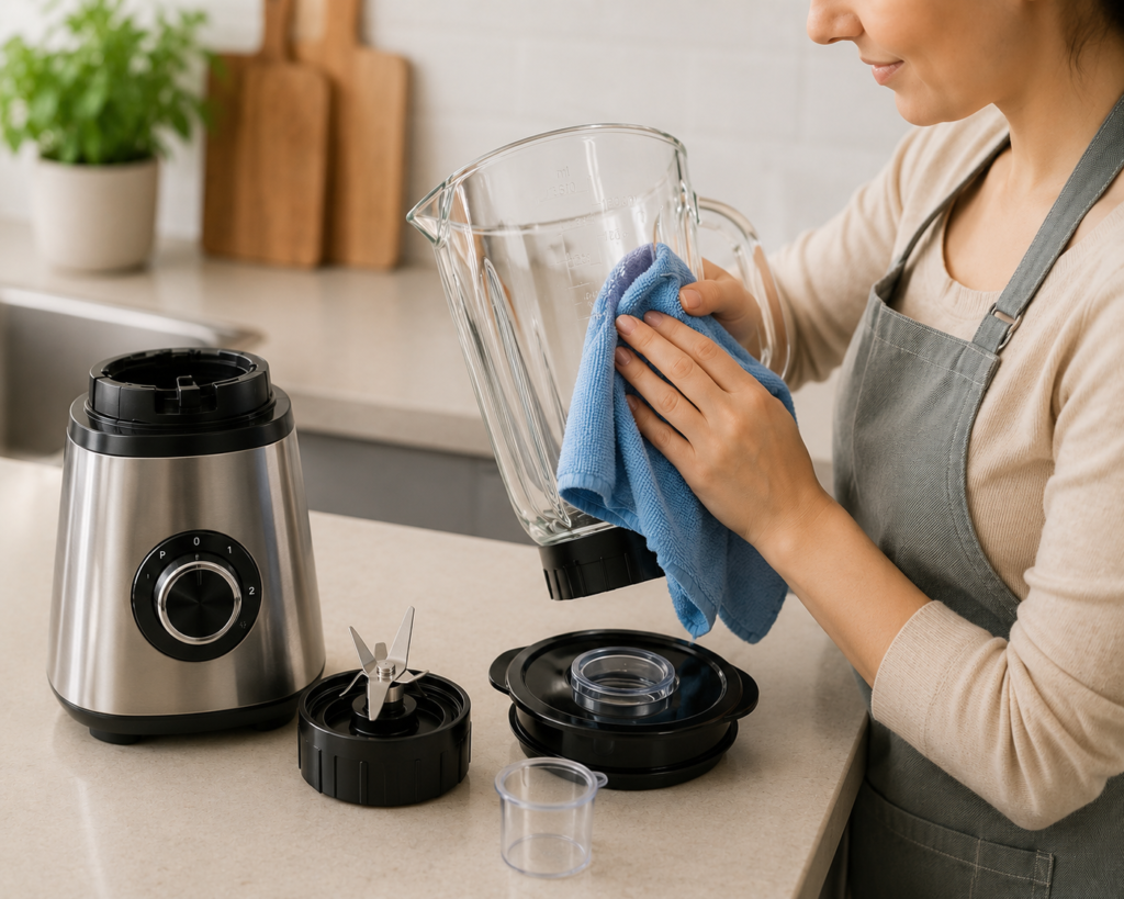 Una persona secando el vaso y las piezas desmontables de una batidora con un paño de microfibra.